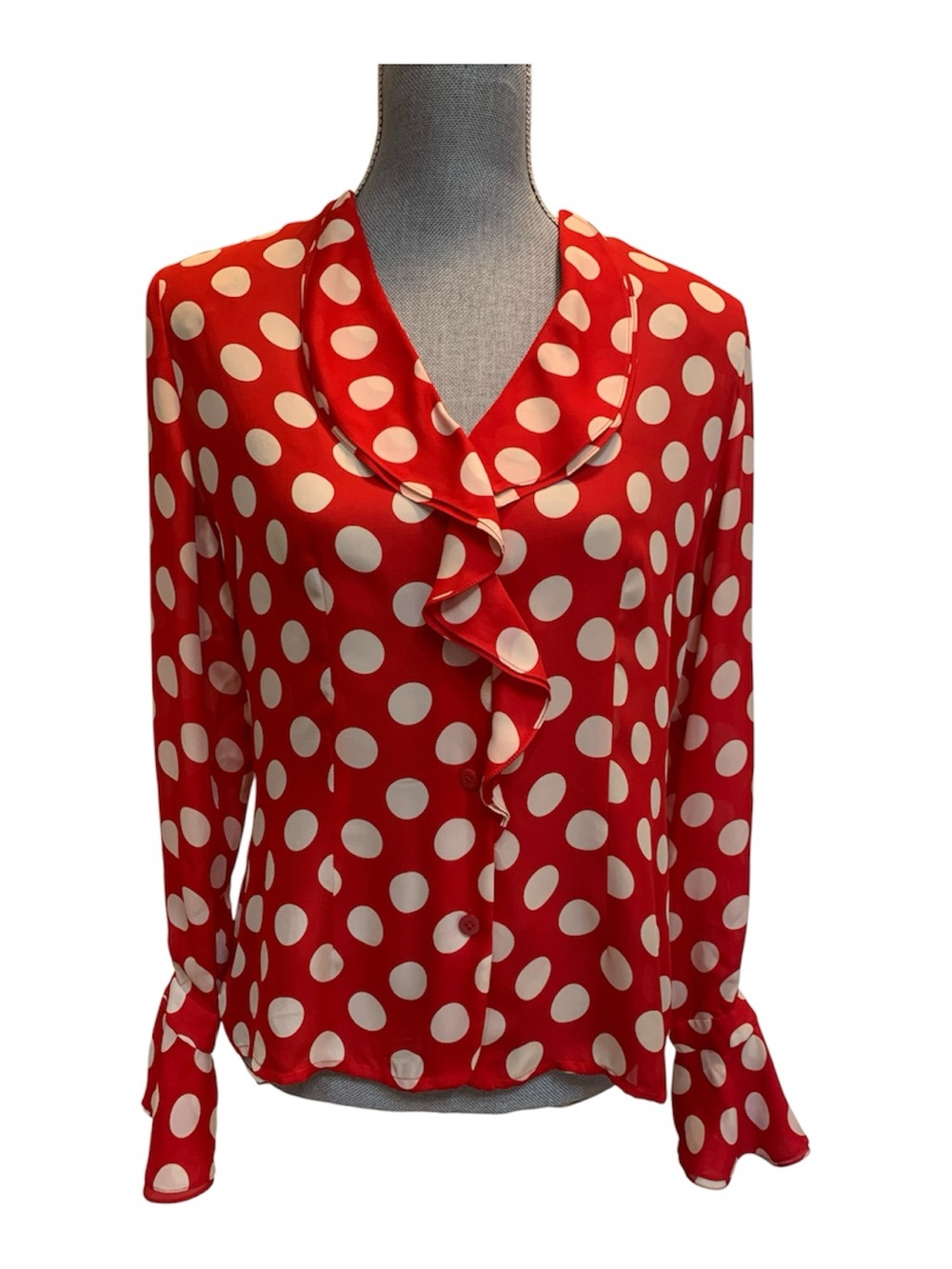 Ellen Tracy Red and White Polka Dot Ruffle Blouse